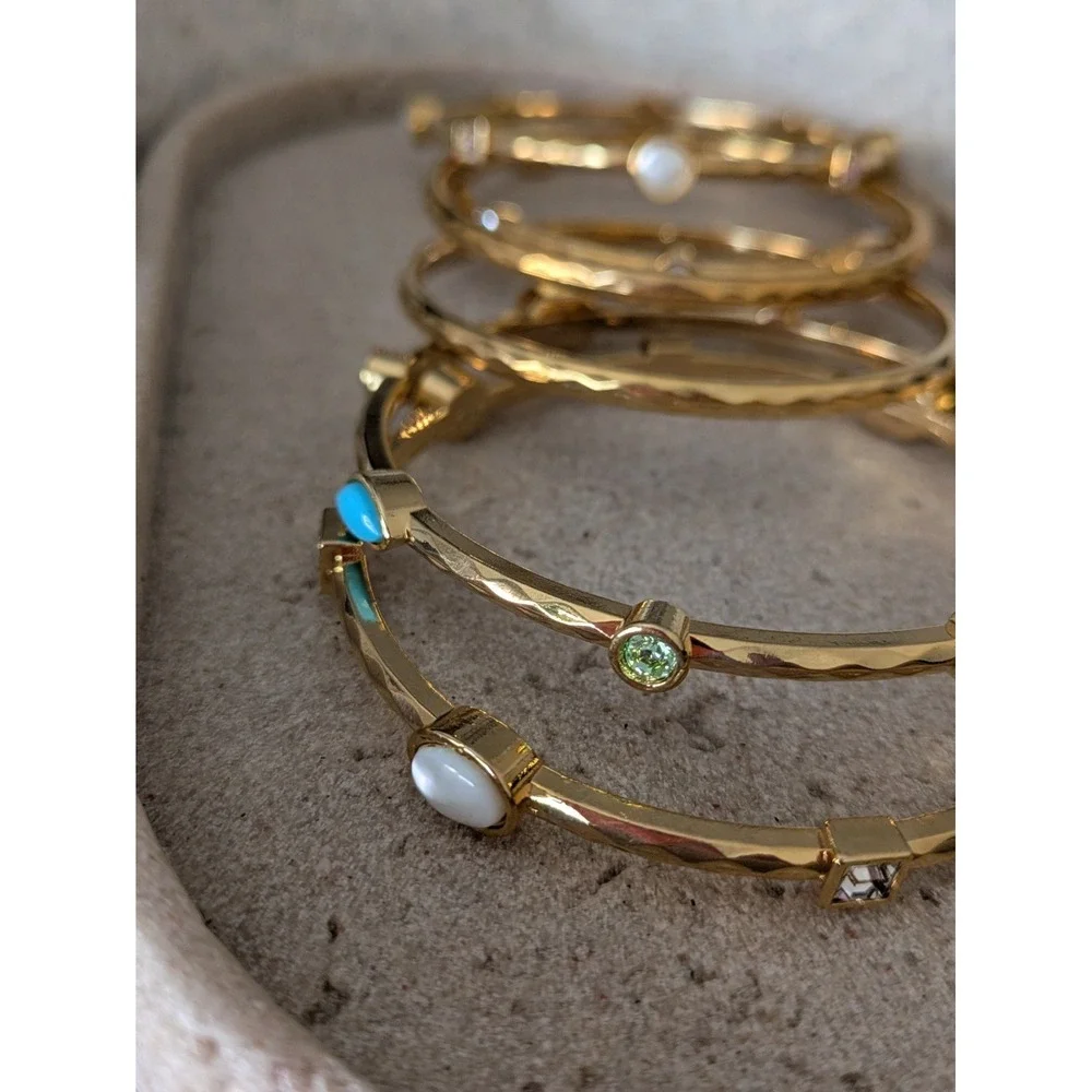 Bangle Bracelet Set Of 6 In Gold Tone With Bezeled Rhinestones Heavyweight